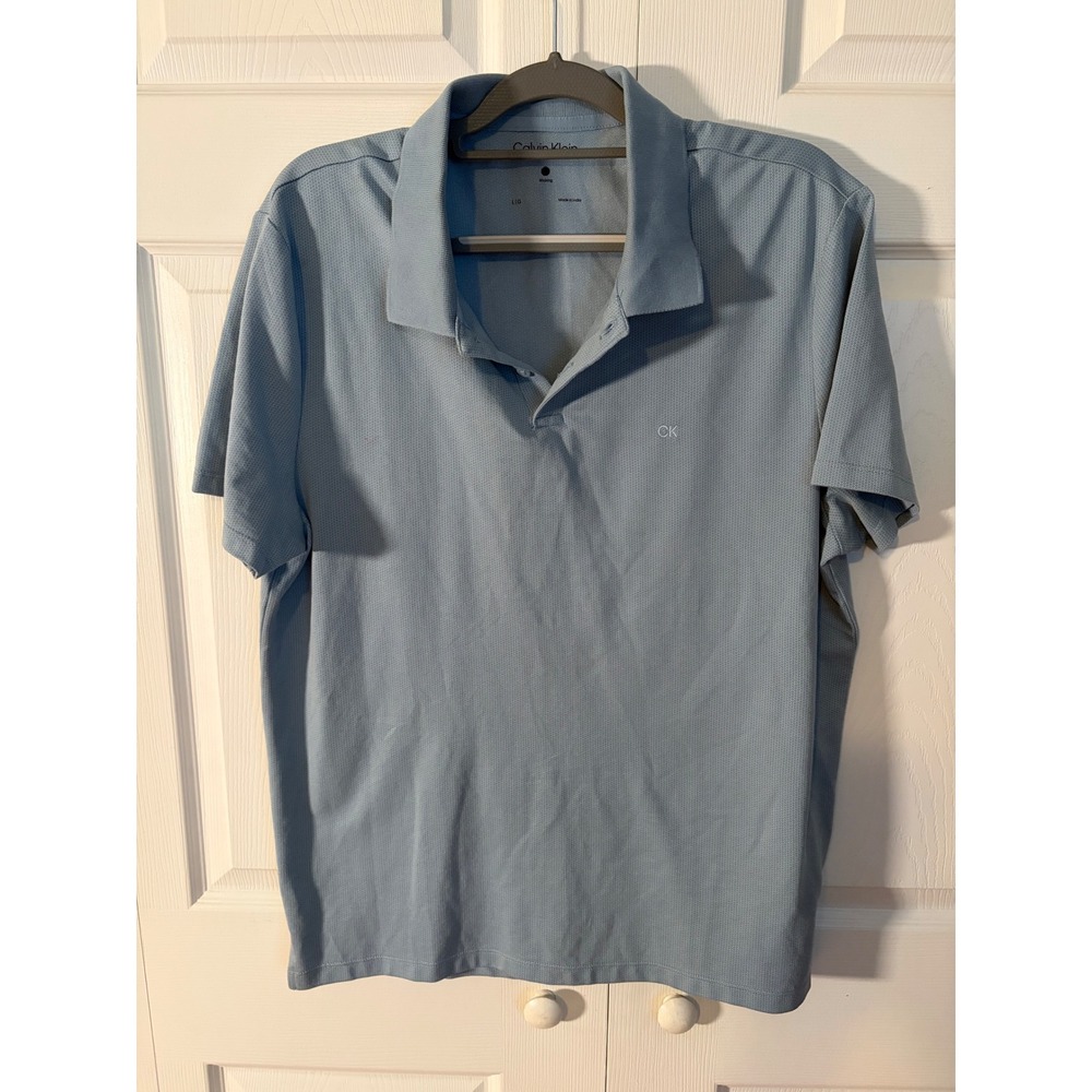 Calvin Klein Mens Blue Textured Wicking Short Sleeve Polo Shirt Large CK Logo